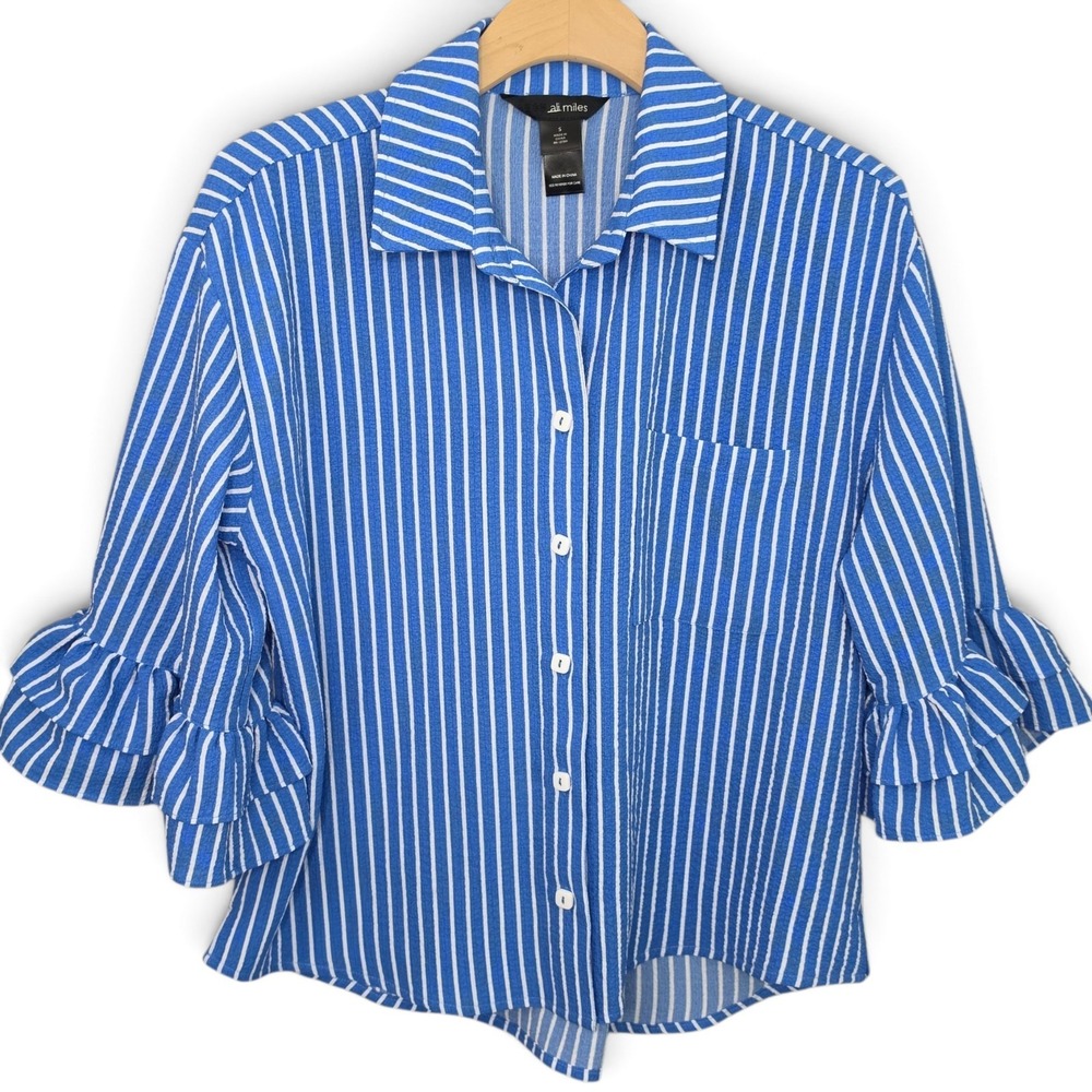 Ali Miles Top Womens Small Blue Oversized Striped Tiered Bell Sleeve Button